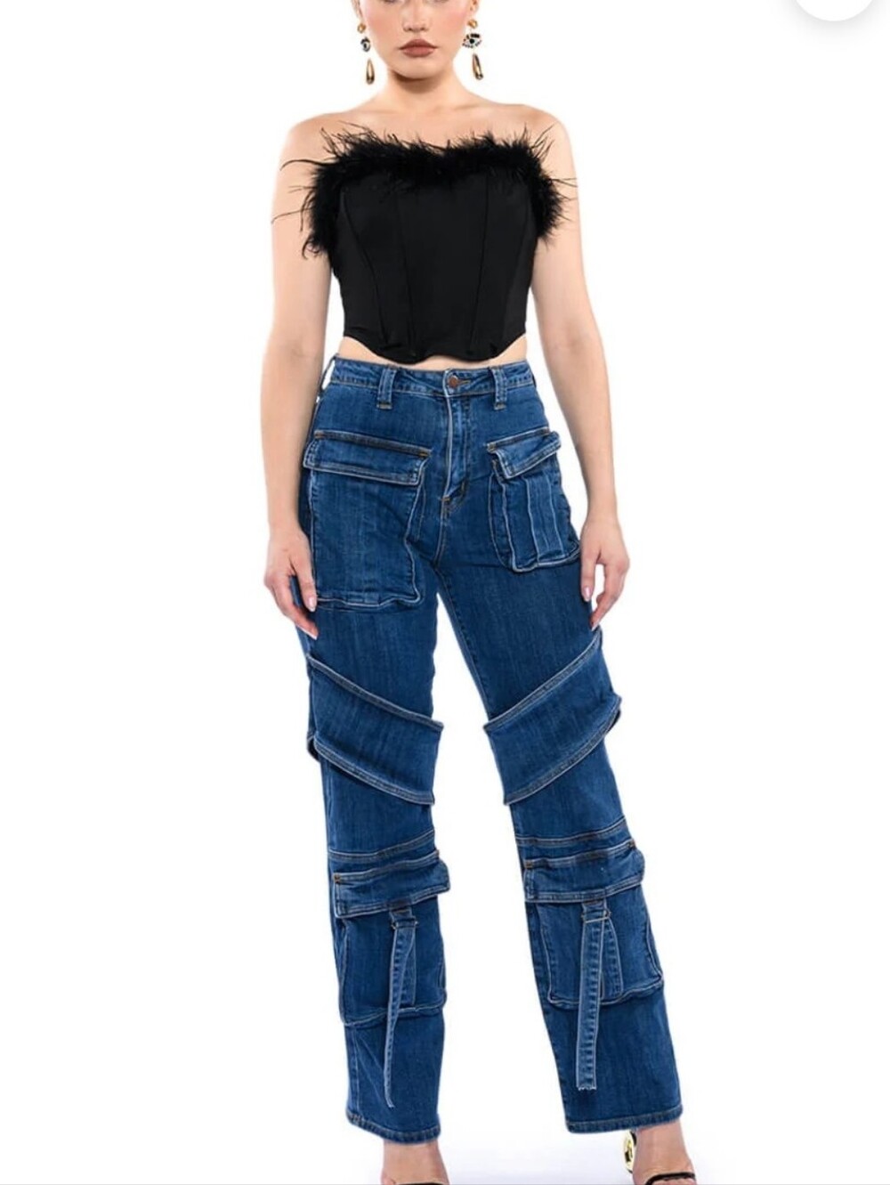 Aphrodite AP Blue Cargo Flare Strappy Flare Jeans Y2K Cyber Grunge Size 27